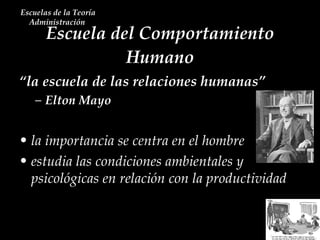 Escuela del Comportamiento Humano Escuelas de la Teoría Administración  “ la escuela de las relaciones humanas” Elton Mayo la importancia se centra en el hombre estudia las condiciones ambientales y psicológicas en relación con la productividad 