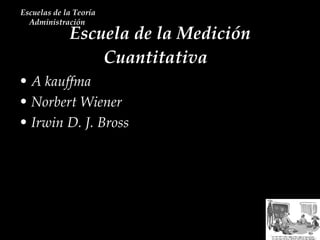 Escuela de la Medición Cuantitativa  Escuelas de la Teoría Administración  A kauffma Norbert Wiener Irwin D. J. Bross 