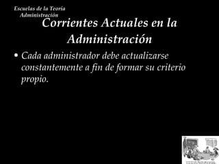 Corrientes Actuales en la Administración Escuelas de la Teoría Administración  Cada administrador debe actualizarse constantemente a fin de formar su criterio propio.   