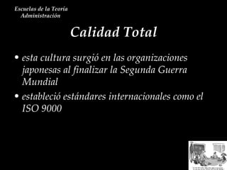 Calidad Total Escuelas de la Teoría Administración  esta cultura surgió en las organizaciones japonesas al finalizar la Segunda Guerra Mundial estableció estándares internacionales como el ISO 9000 