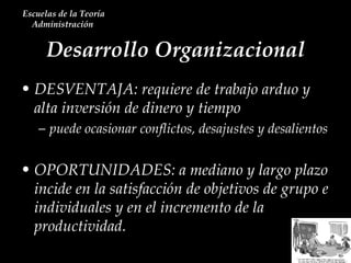 Desarrollo Organizacional Escuelas de la Teoría Administración  DESVENTAJA: requiere de trabajo arduo y alta inversión de dinero y tiempo puede ocasionar conflictos, desajustes y desalientos OPORTUNIDADES: a mediano y largo plazo incide en la satisfacción de objetivos de grupo e individuales y en el incremento de la productividad.   