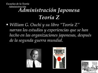 Administración Japonesa Teoría Z Escuelas de la Teoría Administración  William G. Ouchi y su libro “Teoría Z” narran los estudios y experiencias que se han hecho en las organizaciones japonesas, después de la segunda guerra mundial. 