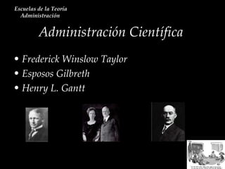 Administración Científica  Escuelas de la Teoría Administración  Frederick Winslow Taylor Esposos Gilbreth Henry L. Gantt 