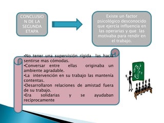 CONCLUSIO
N DE LA
SEGUNDA
ETAPA
Existe un factor
psicológico desconocido
que ejercía influencia en
las operarias y que las
motivaba para rendir en
el trabajo.
•No tener una supervisión rígida las hacia
sentirse mas cómodas.
•Conversar entre ellas originaba un
ambiente agradable.
•La intervención en su trabajo las mantenía
contentas.
•Desarrollaron relaciones de amistad fuera
de su trabajo.
•Era solidarias y se ayudaban
recíprocamente
 