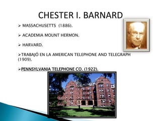  MASSACHUSETTS (1886).
 ACADEMIA MOUNT HERMON.
 HARVARD.
TRABAJÓ EN LA AMERICAN TELEPHONE AND TELEGRAPH
(1909).
PENNSYLVANIA TELEPHONE CO. (1922).
CHESTER I. BARNARD
 