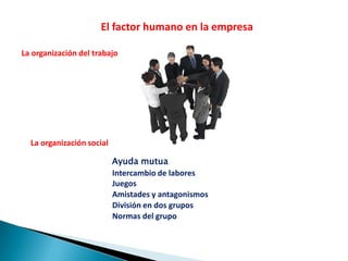 El factor humano en la empresa
La organización del trabajo
La organización social
Ayuda mutua
Intercambio de labores
Juegos
Amistades y antagonismos
División en dos grupos
Normas del grupo
 