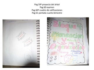 Pag 59ª proyecto del árbol
Pag 60 examen
Pag 60ª cuadro de calificaciones
Pag 61 portada cuarto bimestre
 