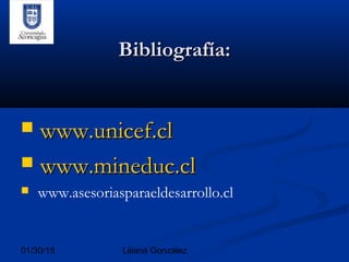 01/30/15 Liliana González
Bibliografía:Bibliografía:
 www.unicef.clwww.unicef.cl
 www.mineduc.clwww.mineduc.cl
 www.asesoriasparaeldesarrollo.cl
 