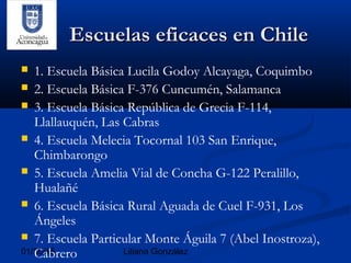 01/30/15 Liliana González
Escuelas eficaces en ChileEscuelas eficaces en Chile
 1. Escuela Básica Lucila Godoy Alcayaga, Coquimbo
 2. Escuela Básica F-376 Cuncumén, Salamanca
 3. Escuela Básica República de Grecia F-114,
Llallauquén, Las Cabras
 4. Escuela Melecia Tocornal 103 San Enrique,
Chimbarongo
 5. Escuela Amelia Vial de Concha G-122 Peralillo,
Hualañé
 6. Escuela Básica Rural Aguada de Cuel F-931, Los
Ángeles
 7. Escuela Particular Monte Águila 7 (Abel Inostroza),
Cabrero
 