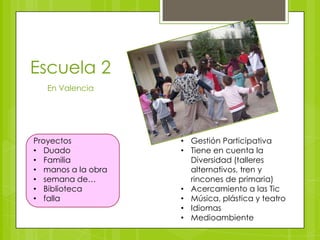 Escuela 2
En Valencia
• Gestión Participativa
• Tiene en cuenta la
Diversidad (talleres
alternativos, tren y
rincones de primaria)
• Acercamiento a las Tic
• Música, plástica y teatro
• Idiomas
• Medioambiente
Proyectos
• Duado
• Familia
• manos a la obra
• semana de…
• Biblioteca
• falla
 