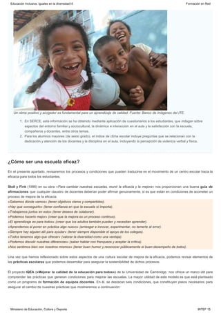 ¿Cómo ser una escuela eficaz?
Un clima positivo y acogedor es fundamental para un aprendizaje de calidad. Fuente: Banco de imágenes del ITE.
1. En SERCE, esta información se ha obtenido mediante aplicación de cuestionarios a los estudiantes, que indagan sobre
aspectos del entorno familiar y sociocultural, la dinámica e interacción en el aula y la satisfacción con la escuela,
compañeros y docentes, entre otros temas.
2. Para los alumnos mayores (de sexto grado), el índice de clima escolar incluye preguntas que se relacionan con la
dedicación y atención de los docentes y la disciplina en el aula, incluyendo la percepción de violencia verbal y física.
En el presente apartado, revisaremos los procesos y condiciones que pueden traducirse en el movimiento de un centro escolar hacia la
eficacia para todos los estudiantes.
Stoll y Fink (1999) en su obra «Para cambiar nuestras escuelas, reunir la eficacia y la mejora» nos proporcionan una buena guía de
afirmaciones que cualquier claustro de docentes deberían poder afirmar genuinamente, si es que están en condiciones de acometer un
proceso de mejora de la eficacia.
«Sabemos dónde vamos» (tener objetivos claros y compartidos).
«Hay que conseguirlo» (tener confianza en que la escuela sí importa).
«Trabajamos juntos en esto» (tener deseos de colaborar).
«Podemos hacerlo mejor» (creer que la mejora es un proceso continuo).
«El aprendizaje es para todos» (creer que los adultos también pueden y necesitan aprender).
«Aprendemos al poner en práctica algo nuevo» (arriesgar e innovar, experimentar, no temerle al error).
«Siempre hay alguien allí para ayudar» (tener siempre disponible el apoyo de los colegas).
«Todos tenemos algo que ofrecer» (valorar la diversidad como una ventaja).
«Podemos discutir nuestras diferencias» (saber hablar con franqueza y aceptar la crítica).
«Nos sentimos bien con nosotros mismos» (tener buen humor y reconocer públicamente el buen desempeño de todos). 
Una vez que hemos reflexionado sobre estos aspectos de una cultura escolar de mejora de la eficacia, podemos revisar elementos de
las prácticas escolares que podemos desarrollar para asegurar la sostenibilidad de dichos procesos.
El proyecto IQEA («Mejorar la calidad de la educación para todos») de la Universidad de Cambridge, nos ofrece un marco útil para
comprender las prácticas que generan condiciones para mejorar las escuelas. La mayor utilidad de este modelo es que está planteado
como un programa de formación de equipos docentes. En él, se destacan seis condiciones, que constituyen pasos necesarios para
asegurar el cambio de nuestras prácticas que mostraremos a continuación:
Educación Inclusiva. Iguales en la diversidad15 Formación en Red
Ministerio de Educación, Cultura y Deporte INTEF 15
 