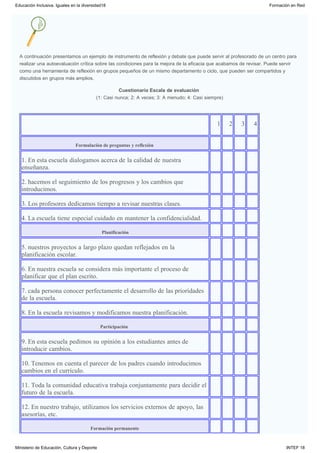 A continuación presentamos un ejemplo de instrumento de reflexión y debate que puede servir al profesorado de un centro para
realizar una autoevaluación crítica sobre las condiciones para la mejora de la eficacia que acabamos de revisar. Puede servir
como una herramienta de reflexión en grupos pequeños de un mismo departamento o ciclo, que pueden ser compartidos y
discutidos en grupos más amplios.
Cuestionario Escala de evaluación
(1: Casi nunca; 2: A veces; 3: A menudo; 4: Casi siempre)
 
    1
   
    2
   
    3
   
    4
   
Formulación de preguntas y reflexión        
1. En esta escuela dialogamos acerca de la calidad de nuestra
enseñanza.
       
2. hacemos el seguimiento de los progresos y los cambios que
introducimos. 
       
3. Los profesores dedicamos tiempo a revisar nuestras clases.         
4. La escuela tiene especial cuidado en mantener la confidencialidad.        
 Planificación        
5. nuestros proyectos a largo plazo quedan reflejados en la
planificación escolar. 
       
6. En nuestra escuela se considera más importante el proceso de
planificar que el plan escrito. 
       
7. cada persona conocer perfectamente el desarrollo de las prioridades
de la escuela. 
       
8. En la escuela revisamos y modificamos nuestra planificación.         
Participación         
9. En esta escuela pedimos su opinión a los estudiantes antes de
introducir cambios. 
       
10. Tenemos en cuenta el parecer de los padres cuando introducimos
cambios en el currículo.
       
11. Toda la comunidad educativa trabaja conjuntamente para decidir el
futuro de la escuela.
       
12. En nuestro trabajo, utilizamos los servicios externos de apoyo, las
asesorías, etc. 
       
Formación permanente        
Educación Inclusiva. Iguales en la diversidad18 Formación en Red
Ministerio de Educación, Cultura y Deporte INTEF 18
 