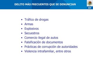 Tráfico de drogas Armas Explosivos Secuestros Comercio ilegal de autos Falsificación de documentos Prácticas de corrupción de autoridades Violencia intrafamiliar, entre otros DELITO MÁS FRECUENTES QUE SE DENUNCIAN   