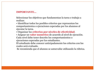 IMPORTANTE…
Seleccionar los objetivos que fundamentan la tarea o trabajo a
realizar.
• Identificar todos los posibles criterios que representan los
comportamientos o ejecuciones esperadas por los alumnos al
ejecutar la tarea.
• Organizar los criterios por niveles de efectividad.
• Asignar un valor numérico de acuerdo al nivel de ejecución.
Cada nivel debe tener descrito los comportamientos o
ejecuciones esperadas por los estudiantes.
El estudiante debe conocer anticipadamente los criterios con los
cuales será evaluado.
Se recomienda que el alumno se autoevalúe utilizando la rúbrica.
 