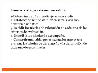 Pasos esenciales para elaborar una rúbrica
1-Determinar qué aprendizaje se va a medir.
2-Establecer qué tipo de rúbrica se va a utilizar-
holística o analítica.
3-Decidir los niveles de valoración de cada uno de los
criterios de evaluación.
4-Describir los niveles de desempeño.
5-Construir una tabla que contenga los aspectos a
evaluar, los niveles de desempeño y la descripción de
cada uno de esos niveles.
 
