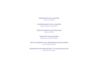 PRESIDENTE DE LA NACIÓN
Mauricio MACRI
VICEPRESIDENTA DE LA NACIÓN
Marta Gabriela MICHETTI
JEFE DE GABINETE DE MINISTROS
Marcos PEÑA
MINISTRO DE EDUCACIÓN
Alejandro FINOCCHIARO
JEFE DE GABINETE DEL MINISTERIO DE EDUCACIÓN
Javier Mezzamico
SECRETARIA DE INNOVACIÓN Y CALIDAD EDUCATIVA
Mercedes MIGUEL
 