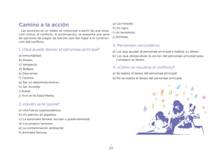 25
Camino a la acción
Las acciones en un relato se motorizan a partir de una situa-
ción crítica: el conflicto. A continuación, se presenta una serie
de opciones de juegos de fuerzas que dan lugar a la construc-
ción del conflicto.
1. ¿Qué puede desear el personaje principal?
a) Inmortalidad.
b) Dinero.
c) Venganza.
d) Belleza.
e) Descansar.
f) Casarse.
g) Ser un deportista exitoso.
h) Ser invisible.
i) Robar.
j) Vivir en la Edad Media.
2. ¿Quién se le opone?
a) Una fuerza superpoderosa.
b) Un ejército de gigantes.
c) La autoridad familiar, escolar o gubernamental.
d) Los propios temores.
e) La contaminación ambiental.
f) Animales feroces.
g) Las harpías.
h) Un ogro.
i) Un terremoto.
j) Zombies.
3. Personajes secundarios
a) Los que ayudan al personaje principal a realizar su deseo.
b) Los que obstaculizan la acción del personaje principal para
conseguir su deseo.
4. ¿Cómo se resuelve el conflicto?
a) Se realiza el deseo del personaje principal.
b) No se realiza el deseo del personaje principal.
 