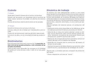 29
Cuándo
1ª etapa
Desde abril y hasta la Semana de la Lectura y la Escritura.
Difusión del documento con propuestas para la escritura de
textos breves narrativos ficcionales con alumnos de diversos
niveles.
Proceso de escritura colectiva de los textos en las escuelas.
2ª etapa
Durante la Semana de la Lectura y la Escritura
Lectura y selección de un trabajo, por nivel educativo y por es-
cuela.
Producción de ilustraciones colectivas del texto seleccionado.
Lectura en voz alta y con la comunidad de todas las produccio-
nes.
Destinatarios
Esta propuesta está destinada a alumnos/as de preescolar, úl-
timo ciclo de las escuelas primarias y ciclo orientado de las
escuelas secundarias.
Cada escuela podrá desarrollar las consignas en la totalidad
de grados y/o cursos de esos ciclos, o bien, en un solo grado
o curso.
Dinámica de trabajo
Se propone que cada sala/grado/año escriba un único texto
breve narrativo ficcional bajo la dinámica de escritura colectiva,
y realice una ilustración colectiva y el registro de la experiencia.
El texto será resultado de un proceso de trabajo que cada do-
cente desarrollará con el grupo de alumnos/as. Diversas consig-
nas previas de lectura y escritura permitirán preparar al grupo
para escribir y reescribir, entre todos, un único cuento por gra-
do/curso.
Algunos ejemplos de instancias previas a la producción del
cuento:
•	Exploración de los libros disponibles en las bibliotecas de las
escuelas para promover la lectura y la producción literaria.
•	Selección de un corpus de cuentos para leer y poner en diá-
logo con los alumnos/as, para conocer diversos autores lite-
rarios. Generación de espacios de conversación literaria que
enriquezcan la posterior escritura del cuento.
•	Realización de consignas de escritura automática, tanto en el
espacio del aula como en plataformas digitales.
•	Desarrollo de consignas para la construcción del espacio, el
tiempo, los personajes.
•	Apertura de espacios de talleres literarios que permitan volver
sobre lo escrito y que favorezcan las estrategias de revisión.
Algunos ejes a considerar para la/s consigna/s de producción
del cuento:
•	Poner a disposición una serie de “inicios”.
 