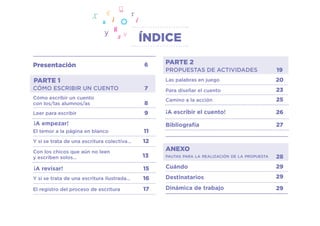 ÍNDICE
PARTE 1
7CÓMO ESCRIBIR UN CUENTO
¡A empezar!
11El temor a la página en blanco
¡A revisar! 15
12Y si se trata de una escritura colectiva…
13
Con los chicos que aún no leen
y escriben solos…
8
6
Cómo escribir un cuento
con los/las alumnos/as
Presentación
9Leer para escribir
Y si se trata de una escritura ilustrada… 16
El registro del proceso de escritura 17
PARTE 2
19PROPUESTAS DE ACTIVIDADES
Las palabras en juego 20
Para diseñar el cuento 23
Camino a la acción 25
¡A escribir el cuento! 26
Bibliografía 27
ANEXO
28PAUTAS PARA LA REALIZACIÓN DE LA PROPUESTA
Cuándo 29
Destinatarios 29
Dinámica de trabajo 29
 