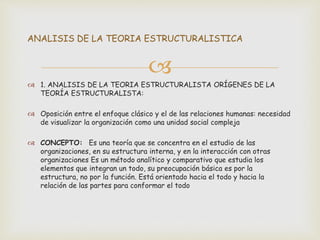 
 1. ANALISIS DE LA TEORIA ESTRUCTURALISTA ORÍGENES DE LA
TEORÍA ESTRUCTURALISTA:
 Oposición entre el enfoque clásico y el de las relaciones humanas: necesidad
de visualizar la organización como una unidad social compleja
 CONCEPTO: Es una teoría que se concentra en el estudio de las
organizaciones, en su estructura interna, y en la interacción con otras
organizaciones Es un método analítico y comparativo que estudia los
elementos que integran un todo, su preocupación básica es por la
estructura, no por la función. Está orientado hacia el todo y hacia la
relación de las partes para conformar el todo
ANALISIS DE LA TEORIA ESTRUCTURALISTICA
 