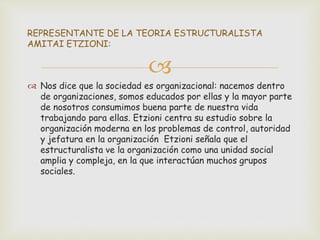 
 Nos dice que la sociedad es organizacional: nacemos dentro
de organizaciones, somos educados por ellas y la mayor parte
de nosotros consumimos buena parte de nuestra vida
trabajando para ellas. Etzioni centra su estudio sobre la
organización moderna en los problemas de control, autoridad
y jefatura en la organización Etzioni señala que el
estructuralista ve la organización como una unidad social
amplia y compleja, en la que interactúan muchos grupos
sociales.
REPRESENTANTE DE LA TEORIA ESTRUCTURALISTA
AMITAI ETZIONI:
 