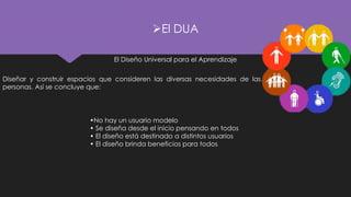 ➢El DUA
El Diseño Universal para el Aprendizaje
Diseñar y construir espacios que consideren las diversas necesidades de las
personas. Así se concluye que:
•No hay un usuario modelo
• Se diseña desde el inicio pensando en todos
• El diseño está destinado a distintos usuarios
• El diseño brinda beneficios para todos
 