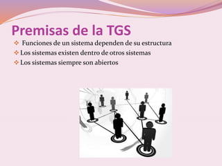 Premisas de la TGS 
 Funciones de un sistema dependen de su estructura 
Los sistemas existen dentro de otros sistemas 
Los sistemas siempre son abiertos 
 