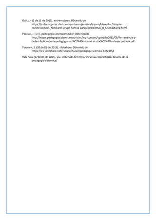Gulí, J.(11 de 11 de 2013). entremujeres.Obtenidode
https://entremujeres.clarin.com/entremujeres/vida-sana/bienestar/terapia-
constelaciones_familiares-grupo-familia-pareja-problemas_0_SJGm10KD7g.html
Pascual,J.(s.f.). pedagogiasistemicamadrid.Obtenidode
http://www.pedagogiasistemicamadrid.es/wp-content/uploads/2012/03/Pertenencia-y-
orden-Aplicando-la-pedagogia-sist%C3%A9mica-a-la-tutor%C3%ADa-de-secundaria.pdf
Turunen,S.(20 de 01 de 2015). slideshare.Obtenidode
https://es.slideshare.net/TurunenSusan/pedagoga-sistmica-43724653
Valencia.(07de 03 de 2015). viu. Obtenidode http://www.viu.es/principios-basicos-de-la-
pedagogia-sistemica/
 
