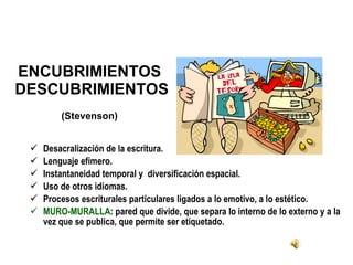 ENCUBRIMIENTOS  DESCUBRIMIENTOS Desacralización de la escritura. Lenguaje efímero. Instantaneidad temporal y  diversificación espacial.  Uso de otros idiomas.  Procesos escriturales particulares ligados a lo emotivo, a lo estético.  MURO-MURALLA :  pared que divide, que separa lo interno de lo externo y a la vez que se publica, que permite ser etiquetado. (Stevenson) 