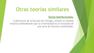 Otras teorías similares
Teorías Multifactoriales:
A diferencia de la Escuela de Chicago, utilizan el método
empírico defendiendo que la criminalidad es el resultado de
una serie de factores combinados.
 