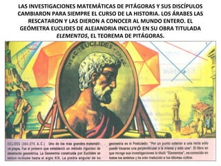LAS INVESTIGACIONES MATEMÁTICAS DE PITÁGORAS Y SUS DISCÍPULOS
CAMBIARON PARA SIEMPRE EL CURSO DE LA HISTORIA. LOS ÁRABES LAS
RESCATARON Y LAS DIERON A CONOCER AL MUNDO ENTERO. EL
GEÓMETRA EUCLIDES DE ALEJANDRIA INCLUYÓ EN SU OBRA TITULADA
ELEMENTOS, EL TEOREMA DE PITÁGORAS.
 