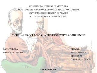 REPUBLICA BOLIVARIANA DE VENEZUELA
MINISTERIO DEL PODER POPULAR PARA LA EDUCACION SUPERIOR
UNIVERSIDAD BICENTENARIA DE ARAGUA
VALLE DE LA PASCUA ESTADO GUARICO
ESCUELAS PSICOLÒGICAS Y SUS RESPECTIVAS CORRIENTES
FACILITADORA: ALUMNO:
MIROSLABA SANCHEZ ANGEL SALDIVIA
SECCION P1
VALLE DE LA PASCUA
NOVIEMBRE 2016
 