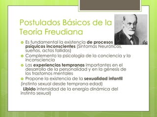 Postulados Básicos de la
Teoría Freudiana
 Es fundamental la existencia de procesos
psíquicos inconscientes (Síntomas Neuróticos,
sueños, actos fallidos)
 Complemento la psicología de la conciencia y la
inconsciencia
 Las experiencias tempranas importantes en el
desarrollo de la personalidad y en la génesis de
los trastornos mentales
 Propone la existencia de la sexualidad infantil
(instinto sexual desde temprana edad)
Libido intensidad de la energía dinámica del
instinto sexual)
 
