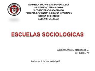 Alumna: Anny L. Rodríguez C.
CI: 17308777
Porlamar, 1 de marzo de 2015
REPUBLICA BOLIVARIANA DE VENEZUELA
UNIVERSIDAD FERMIN TORO
VICE-RECTORADO ACADEMICO
FACULTAD DE CIENCIAS JURÍDICAS Y POLITICAS
ESCUELA DE DERECHO
AULA VIRTUAL SAIA-I
 