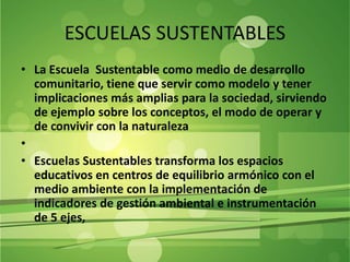 ESCUELAS SUSTENTABLES
• La Escuela Sustentable como medio de desarrollo
  comunitario, tiene que servir como modelo y tene...