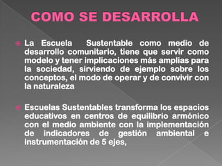  La Escuela Sustentable como medio de
desarrollo comunitario, tiene que servir como
modelo y tener implicaciones más amplias para
la sociedad, sirviendo de ejemplo sobre los
conceptos, el modo de operar y de convivir con
la naturaleza
 Escuelas Sustentables transforma los espacios
educativos en centros de equilibrio armónico
con el medio ambiente con la implementación
de indicadores de gestión ambiental e
instrumentación de 5 ejes,
 