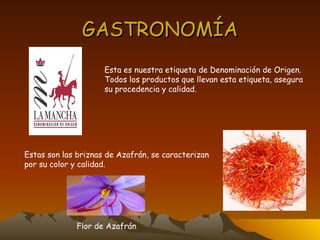 GASTRONOMÍA Esta es nuestra etiqueta de Denominación de Origen. Todos los productos que llevan esta etiqueta, asegura  su procedencia y calidad. Estas son las briznas de Azafrán, se caracterizan por su color y calidad. Flor de Azafrán 