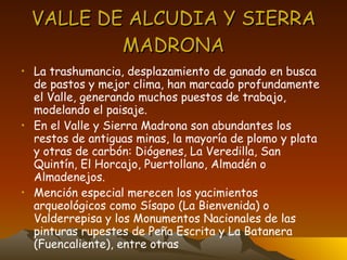 VALLE DE ALCUDIA Y SIERRA MADRONA La trashumancia, desplazamiento de ganado en busca de pastos y mejor clima, han marcado profundamente el Valle, generando muchos puestos de trabajo, modelando el paisaje. En el Valle y Sierra Madrona son abundantes los restos de antiguas minas, la mayoría de plomo y plata y otras de carbón: Diógenes, La Veredilla, San Quintín, El Horcajo, Puertollano, Almadén o Almadenejos. Mención especial merecen los yacimientos arqueológicos como Sísapo (La Bienvenida) o Valderrepisa y los Monumentos Nacionales de las pinturas rupestes de Peña Escrita y La Batanera (Fuencaliente), entre otras 