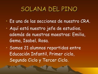 SOLANA DEL PINO Es una de las secciones de nuestro CRA. Aquí está nuestro jefe   de estudios ,  además de nuestras maestras: Emilia, Gema, Isabel ,  Rosa. Somos 21 alumnos repartidos entre Educación Infantil, Primer ciclo, Segundo Ciclo y Tercer Ciclo. 