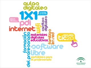 aulas
               digitales
               1x1                   un portátil
                                     por alumn@




                                            digitales
                                  carritos
pizarras



               pdi
digitales
interactivas




                                  wifi
internet

                                                    familias
                      formación
               del proresorado



                                                    en red
                             materiales
                             digitales
                             educativos
                             software
                             libre
                              portátiles para
                              el profesorado
 