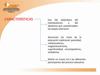 CARACTERÍSTICAS   han ido alejándose del
                  individualismo      y     del
                  idealismo que caracterizaban
                  las etapas anteriores


                  denuncian los vicios de la
                  educación tradicional: pasividad,
                  intelectualismo,
                  magistrocentrismo,
                  superficialidad, enciclopedismo,
                  verbalismo

                  Define un nuevo rol a los diferentes
                  participantes del proceso educativo.
 