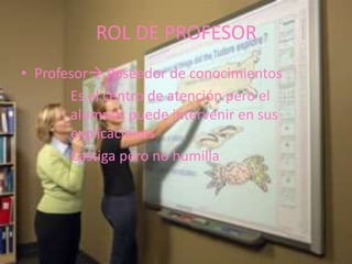 ROL DE PROFESOR
• Profesor Poseedor de conocimientos
       Es el centro de atención pero el
       alumnos puede intervenir en sus
       explicaciones
       Castiga pero no humilla
 