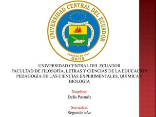 UNIVERSIDAD CENTRAL DEL ECUADOR
FACULTAD DE FILOSOFÍA, LETRAS Y CIENCIAS DE LA EDUCACIÓN
PEDAGOGÍA DE LAS CIENCIAS EXPERIMENTALES, QUÍMICAY
BIOLOGÍA
Nombre:
Delis Pastuña
Semestre:
Segundo «A»
 