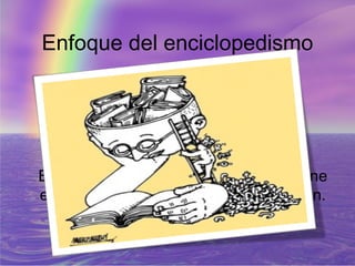 Enfoque del enciclopedismo




En los contenidos de enseñanza se pone
en práctica la memorización y repetición.
 
