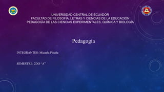 UNIVERSIDAD CENTRAL DE ECUADOR
FACULTAD DE FILOSOFÍA, LETRAS Y CIENCIAS DE LA EDUCACIÓN
PEDAGOGÍA DE LAS CIENCIAS EXPERIMENTALES, QUÍMICA Y BIOLOGÍA
Pedagogía
INTEGRANTES: Micaela Pisuña
SEMESTRE: 2DO “A”
 