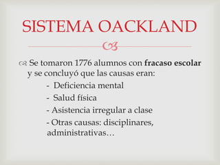 
 Se tomaron 1776 alumnos con fracaso escolar
y se concluyó que las causas eran:
- Deficiencia mental
- Salud física
- Asistencia irregular a clase
- Otras causas: disciplinares,
administrativas…
SISTEMA OACKLAND
 