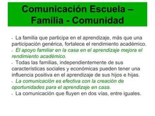 Comunicación Escuela –
     Familia - Comunidad
• La familia que participa en el aprendizaje, más que una
participación genérica, fortalece el rendimiento académico.
• El apoyo familiar en la casa en el aprendizaje mejora el

rendimiento académico.
• Todas las familias, independientemente de sus

características sociales y económicas pueden tener una
influencia positiva en el aprendizaje de sus hijos e hijas.
• La comunicación es efectiva con la creación de

oportunidades para el aprendizaje en casa.
• La comunicación que fluyen en dos vías, entre iguales.
 