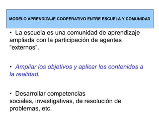 MODELO APRENDIZAJE COOPERATIVO ENTRE ESCUELA Y COMUNIDAD


• La escuela es una comunidad de aprendizaje
ampliada con la participación de agentes
“externos”.


• Ampliar los objetivos y aplicar los contenidos a
la realidad.


• Desarrollar competencias
sociales, investigativas, de resolución de
problemas, etc.
 