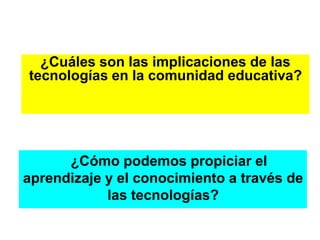 ¿Cuáles son las implicaciones de las
tecnologías en la comunidad educativa?




      ¿Cómo podemos propiciar el
aprendizaje y el conocimiento a través de
            las tecnologías?
 