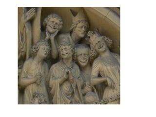 PÓRTICO DE SAN HONORATO, ENTRADA SUR CATEDRAL DE AMIENS
El tímpano se organiza en varios
registrosy relata varios episodios
de la vida de san Honorato,
octavo obispo de Amiens, que
vivió en el siglo VI:
-En el registro inferior, tallado
sobre el dintel, despedida de los
apóstoles a Jesús el día de la
Ascensión.
-los cuatro registros del tímpano
representan, de abajo hacia
arriba, la coronación de San
Honorato, las curaciones
milagrosas que se le atribuyen,
una procesión de las reliquias del
santo, y en la parte superior la
muerte de Cristo en la cruz. En el
último nivel aparece Cristo
crucificado.
 